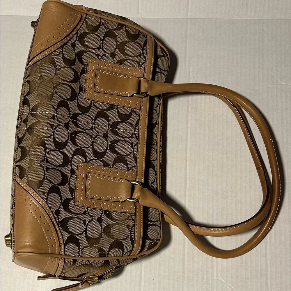 Coach Signature Jacquard Satchel Khaki/Tan Leather Trim Classic C Logo EUC